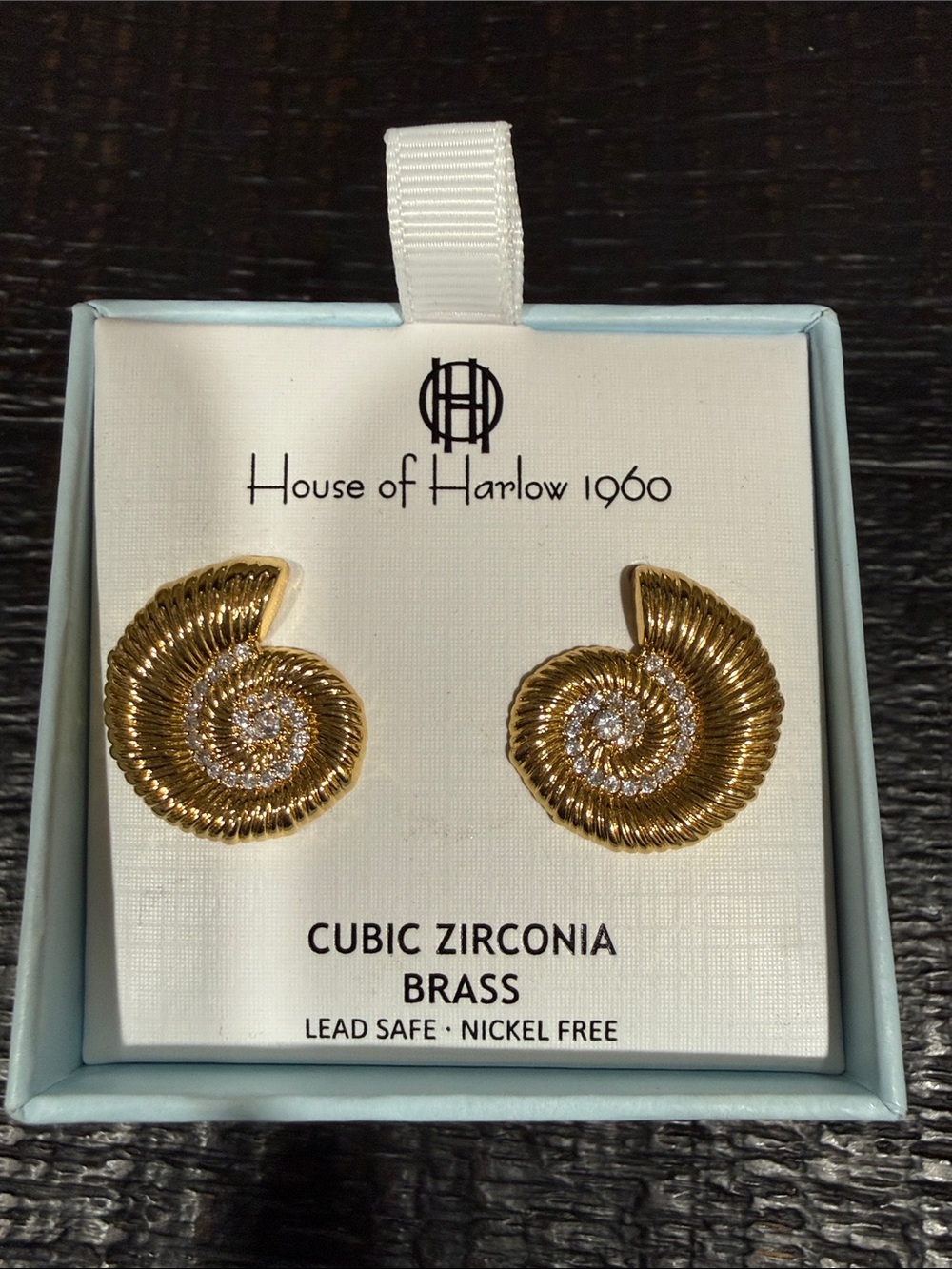 House of Harlow 1960 Gold Spiral Nautilus Stud Earrings with Clear Stones